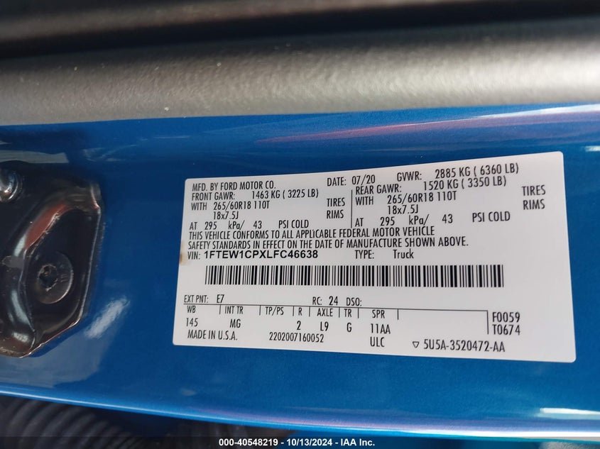 VIN 1FTEW1CPXLFC46638 2020 FORD F-150 XLT