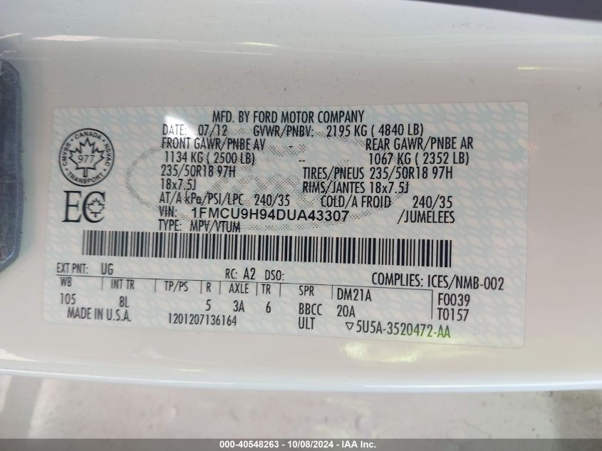 1FMCU9H94DUA43307 2013 Ford Escape Sel