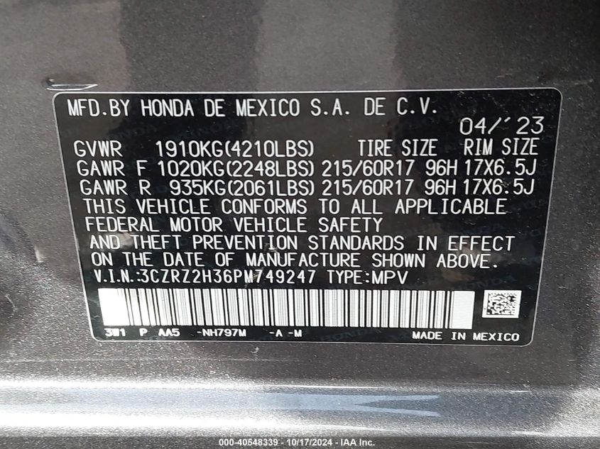 2023 Honda Hr-V Awd Lx VIN: 3CZRZ2H36PM749247 Lot: 40548339