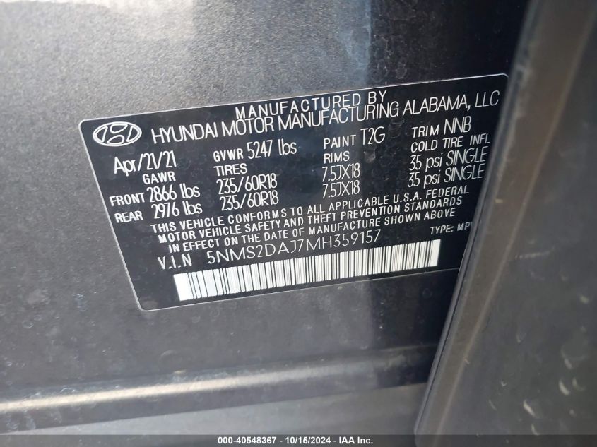 2021 Hyundai Santa Fe Sel VIN: 5NMS2DAJ7MH359157 Lot: 40548367