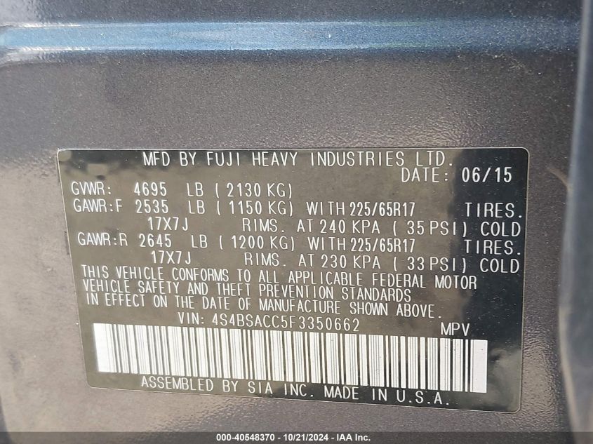 2015 Subaru Outback 2.5I Premium VIN: 4S4BSACC5F3350662 Lot: 40548370