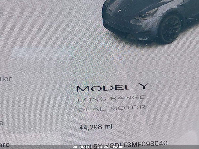 2021 Tesla Model Y Long Range Dual Motor All-Wheel Drive VIN: 5YJYGDEE3MF098040 Lot: 40548414