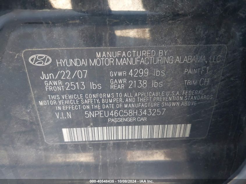 5NPEU46C58H343257 2008 Hyundai Sonata Limited/Se