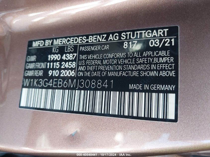 2021 Mercedes-Benz A 220 VIN: W1K3G4EB6MJ308841 Lot: 40548441