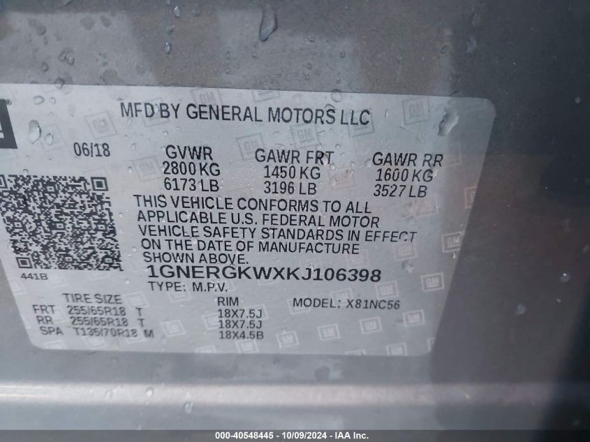 1GNERGKWXKJ106398 2019 Chevrolet Traverse Lt