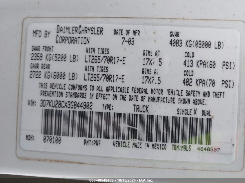 2003 Dodge Ram 2500 Slt/Laramie/St VIN: 3D7KU28CX3G844902 Lot: 40548469