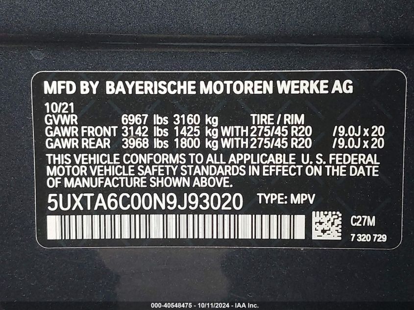 2022 BMW X5 Phev xDrive45E VIN: 5UXTA6C00N9J93020 Lot: 40548475