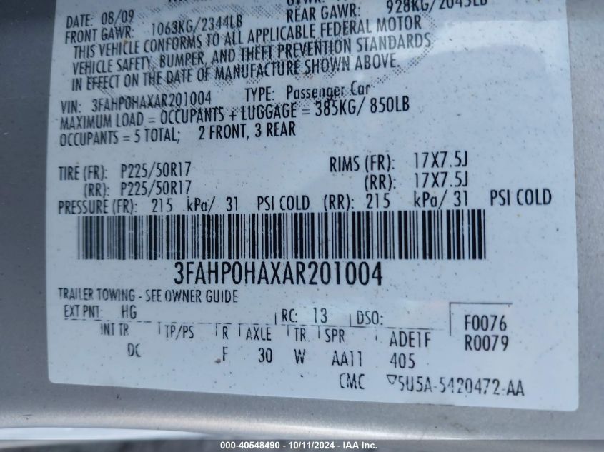 3FAHP0HAXAR201004 2010 Ford Fusion Se