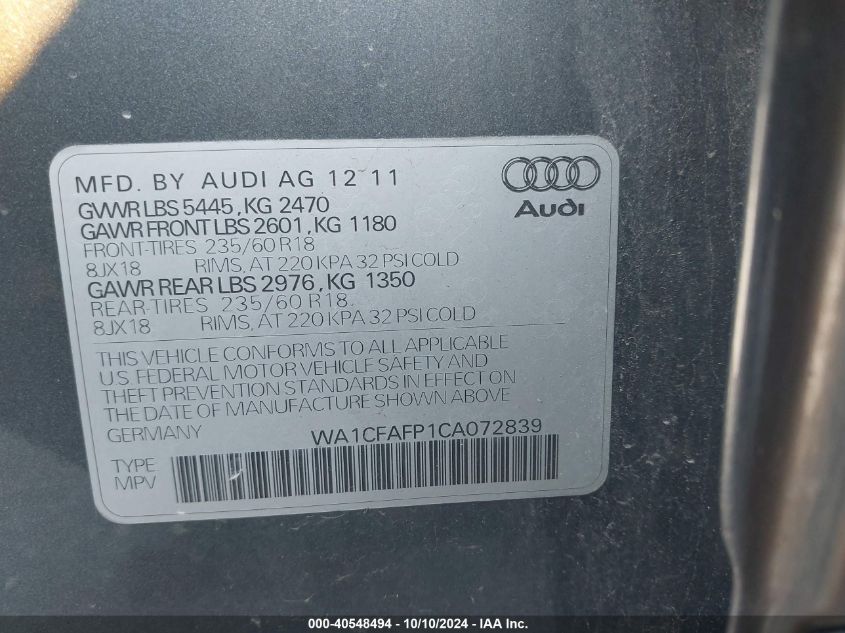 WA1CFAFP1CA072839 2012 Audi Q5 2.0T Premium