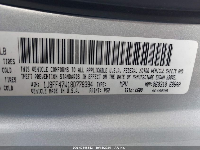 2008 Jeep Compass Sport VIN: 1J8FF47W18D778394 Lot: 40548543