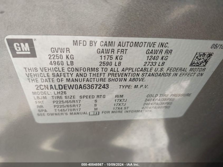 2CNALDEW0A6367243 2010 Chevrolet Equinox Lt