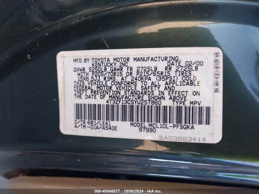 4T3ZF13C5YU257860 2000 Toyota Sienna Xle