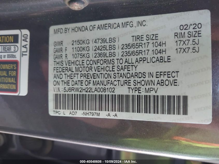 2020 Honda Cr-V Awd Lx VIN: 5J6RW2H22LA008102 Lot: 40548608