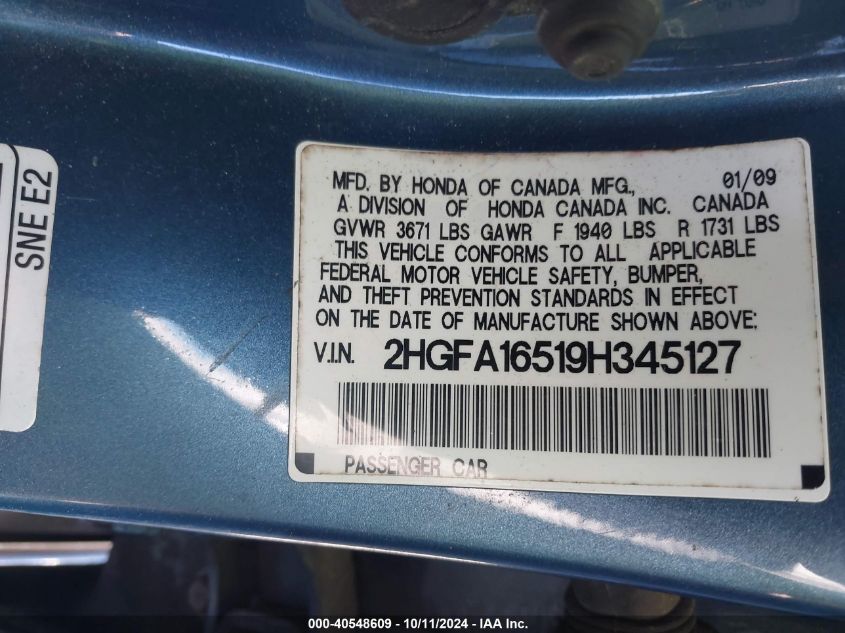 2HGFA16519H345127 2009 Honda Civic Lx