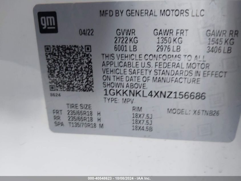 1GKKNKL4XNZ156686 2022 GMC Acadia Fwd Sle