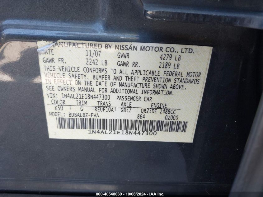 1N4AL21E18N447300 2008 Nissan Altima 2.5 S