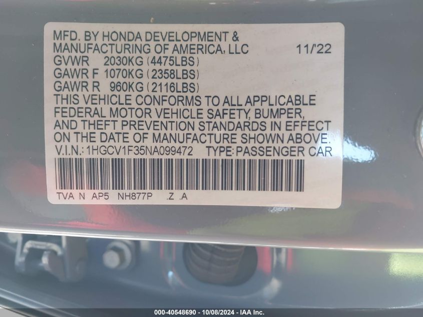 2022 Honda Accord Sport VIN: 1HGCV1F35NA099472 Lot: 40548690