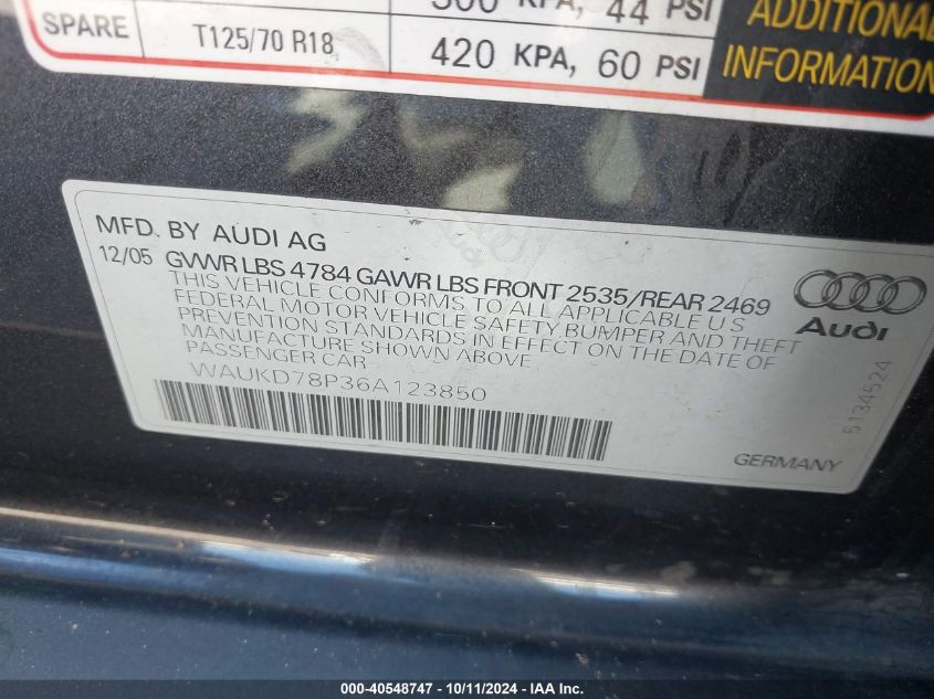 WAUKD78P36A123850 2006 Audi A3 3.2 S Line