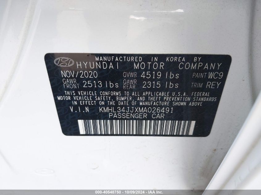 2021 Hyundai Sonata Sel VIN: KMHL34JJXMA026491 Lot: 40548750