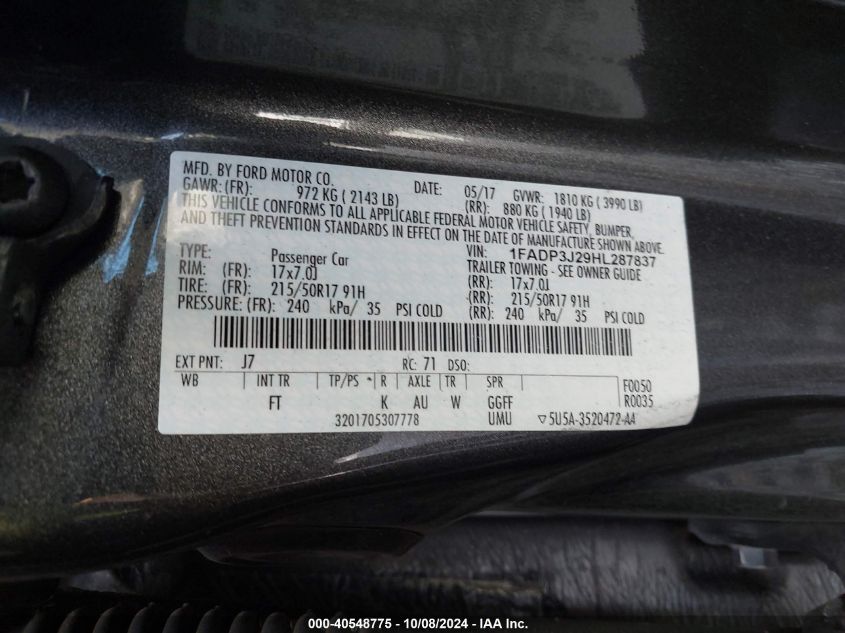 1FADP3J29HL287837 2017 Ford Focus Titanium