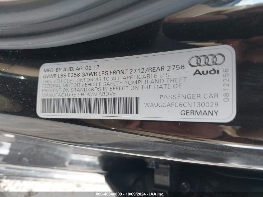 2012 Audi A6 3.0 Premium VIN: WAUGGAFC6CN130029 Lot: 40548800