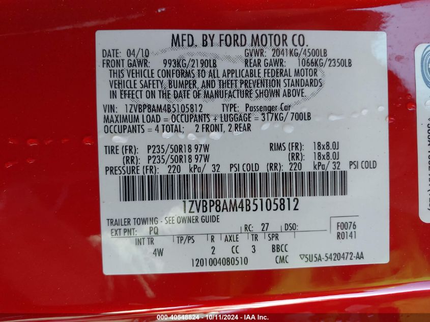 2011 Ford Mustang V6 Premium VIN: 1ZVBP8AM4B5105812 Lot: 40548824