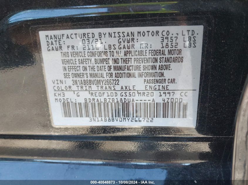 2021 NISSAN SENTRA S XTRONIC CVT - 3N1AB8BV0MY266722