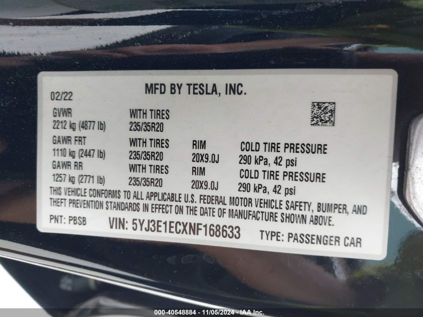 2022 Tesla Model 3 Performance Dual Motor All-Wheel Drive VIN: 5YJ3E1ECXNF168633 Lot: 40548884