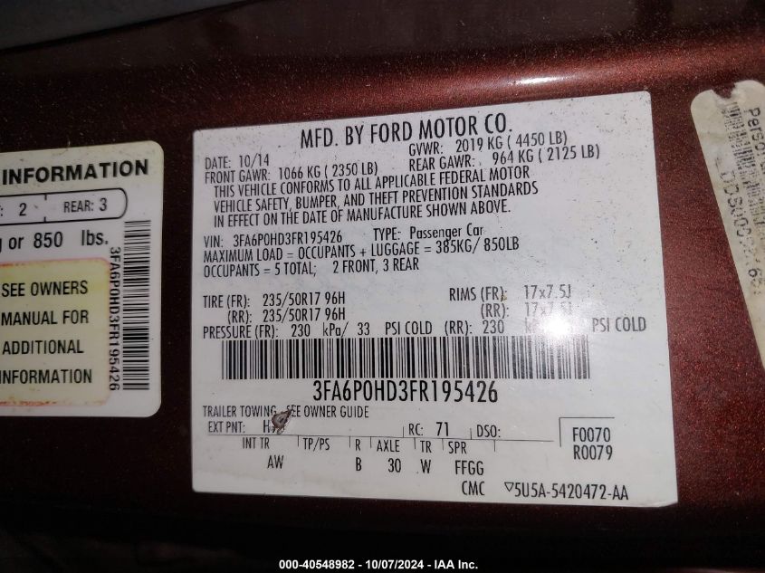 2015 FORD FUSION SE - 3FA6P0HD3FR195426