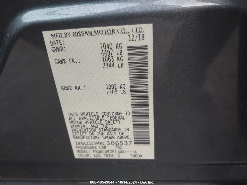 2019 NISSAN LEAF SV - 1N4AZ1CP4KC306537