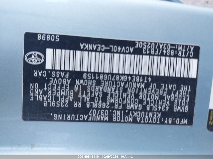 4T1BE46K87U681159 2007 Toyota Camry Le