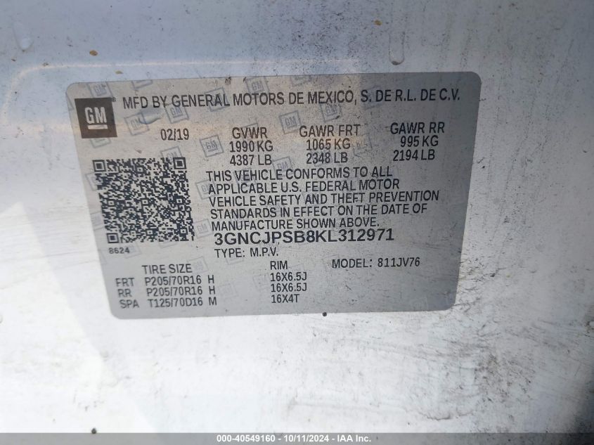 3GNCJPSB8KL312971 2019 Chevrolet Trax Lt