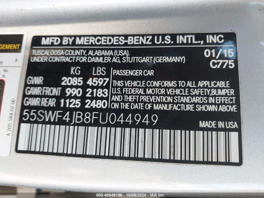 2015 Mercedes-Benz C 300 VIN: 55SWF4JB8FU044949 Lot: 40549196