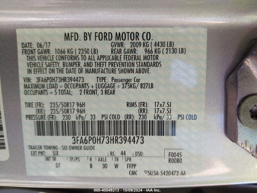 2017 FORD FUSION SE - 3FA6P0H73HR394473