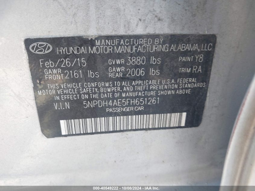 2015 Hyundai Elantra Se VIN: 5NPDH4AE5FH651261 Lot: 40549222