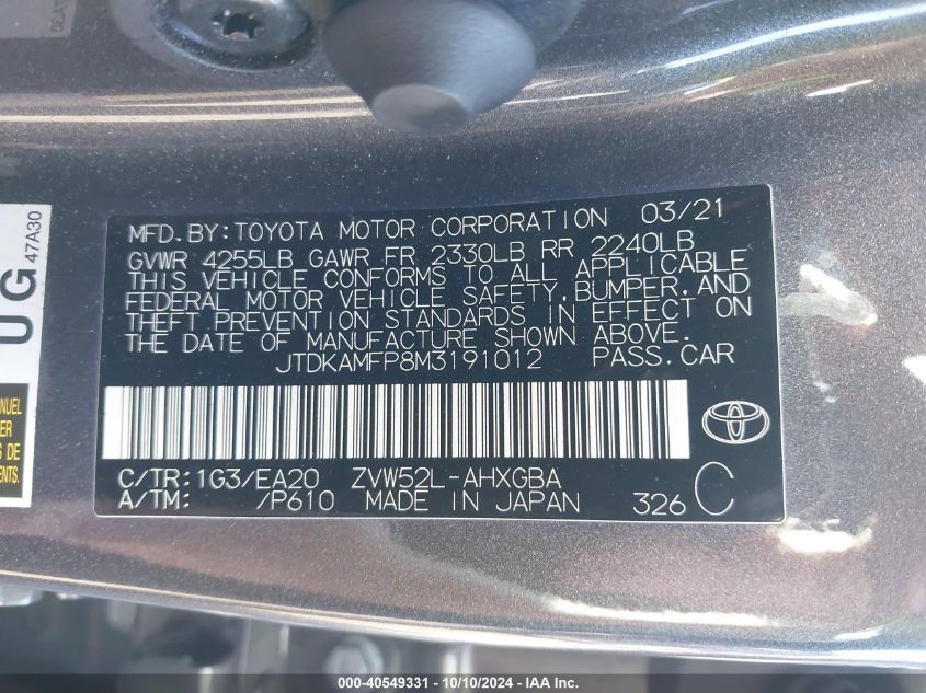 2021 TOYOTA PRIUS PRIME LIMITED - JTDKAMFP8M3191012