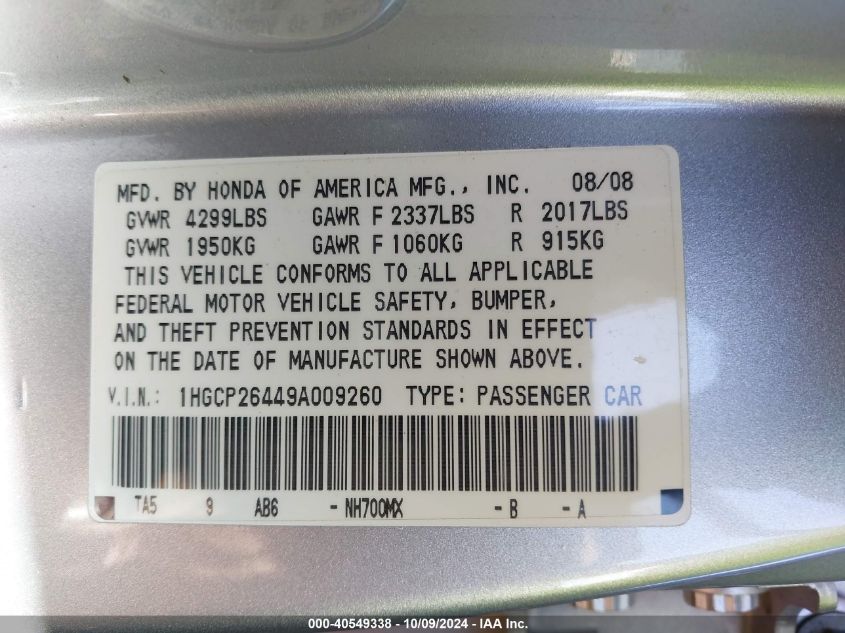 1HGCP26449A009260 2009 Honda Accord Lxp