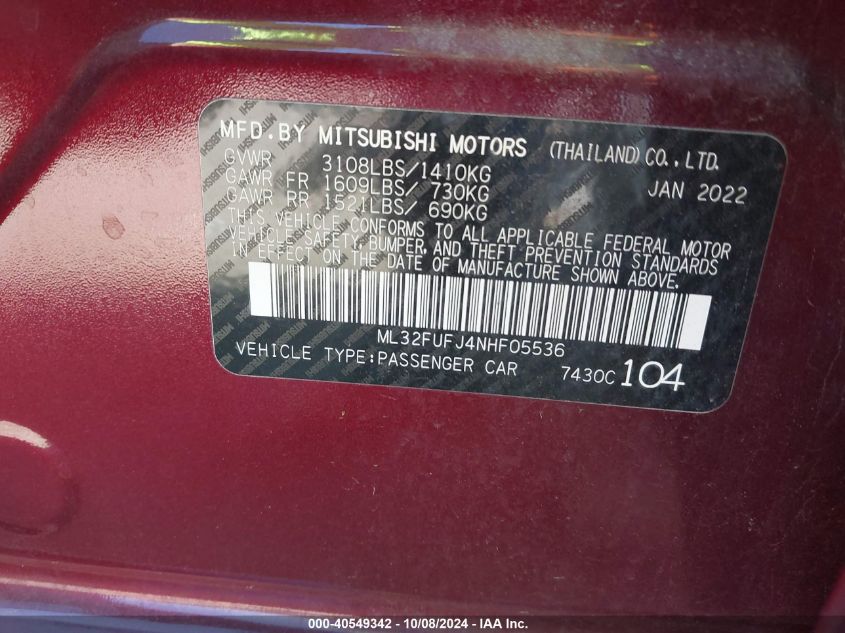 2022 Mitsubishi Mirage G4 Es VIN: ML32FUFJ4NHF05536 Lot: 40549342