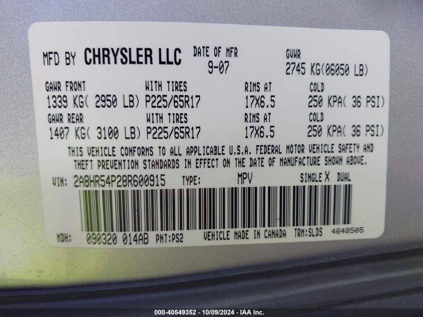 2A8HR54P28R600915 2008 Chrysler Town & Country Touring