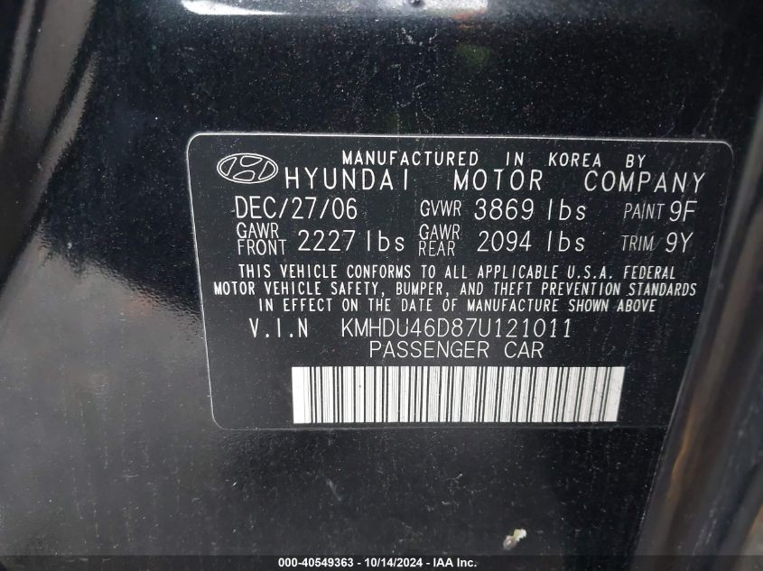 2007 Hyundai Elantra Gls/Limited/Se VIN: KMHDU46D87U121011 Lot: 40549363