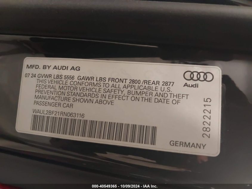 2024 Audi A6 Sedan Premium Plus 55 Tfsi Quattro S Tronic VIN: WAUL2BF21RN063116 Lot: 40549365