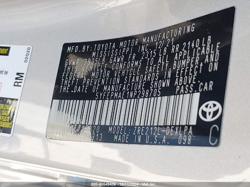 5YFEPMAE1NP298705 2022 Toyota Corolla Le