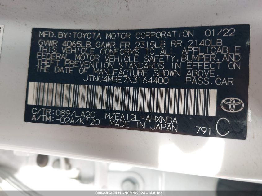 JTNC4MBE7N3164400 2022 Toyota Corolla Xse