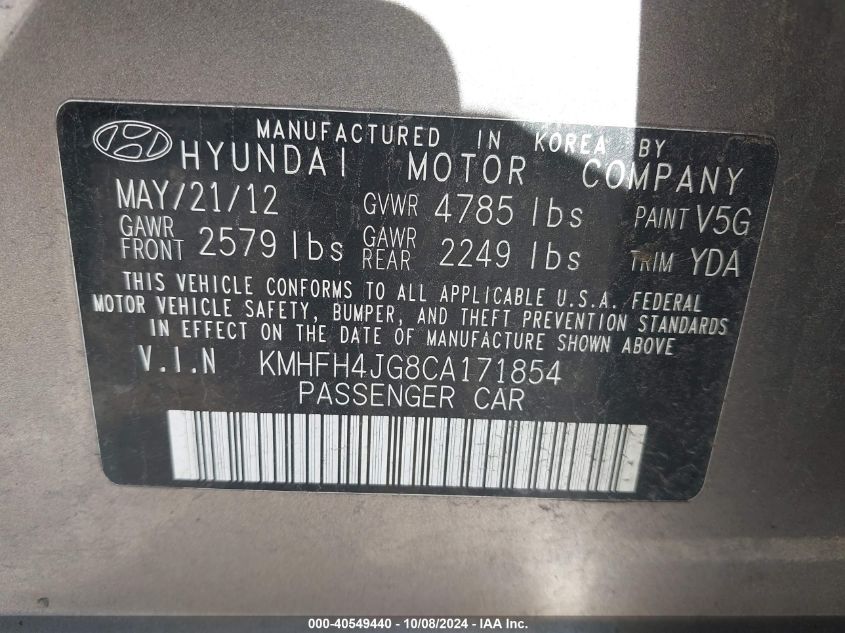 2012 Hyundai Azera Gls/Limited VIN: KMHFH4JG8CA171854 Lot: 40549440