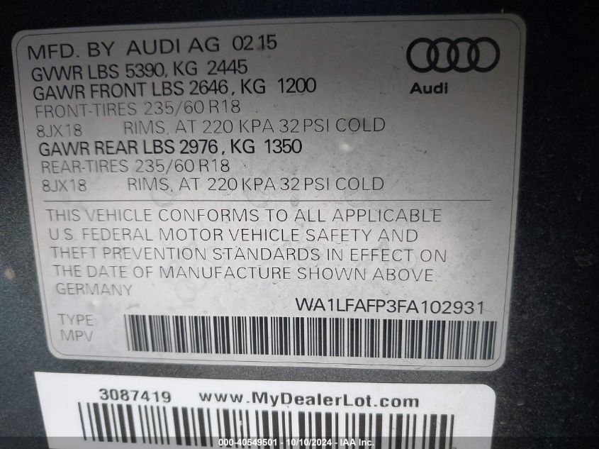 WA1LFAFP3FA102931 2015 Audi Q5 2.0T Premium