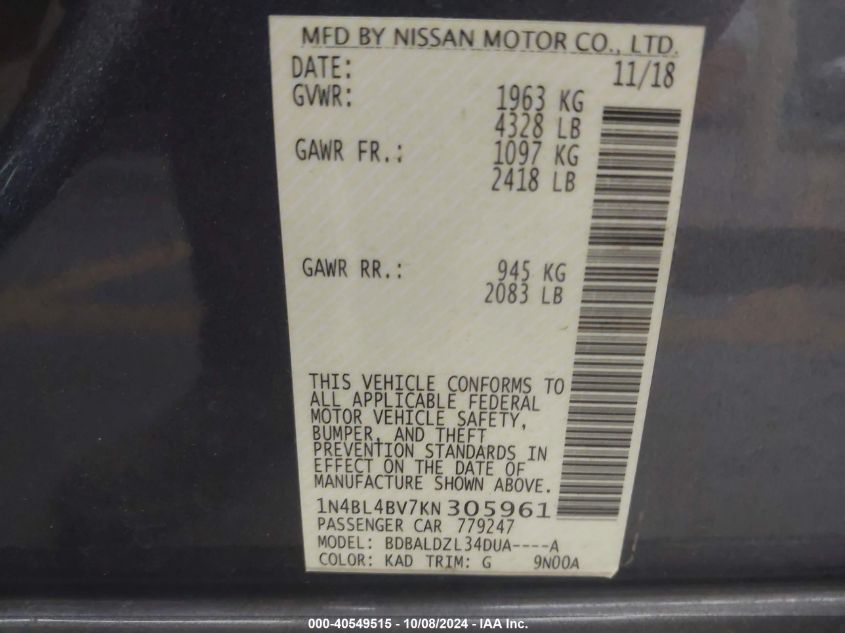 1N4BL4BV7KN305961 2019 Nissan Altima S