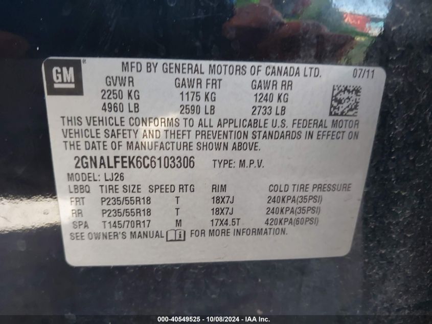 2GNALFEK6C6103306 2012 Chevrolet Equinox Ltz