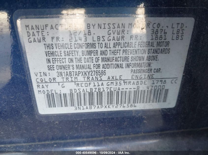 3N1AB7APXKY276586 2019 Nissan Sentra S/Sv/Sr/Sl