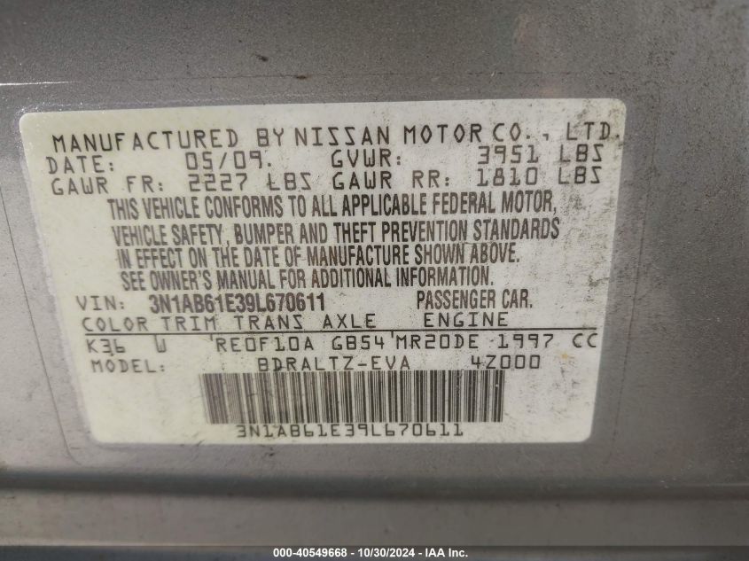 2009 Nissan Sentra 2.0S VIN: 3N1AB61E39L670611 Lot: 40549668