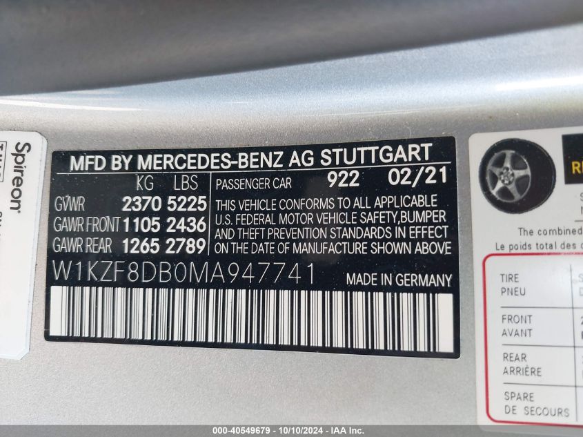 W1KZF8DB0MA947741 2021 Mercedes-Benz E 350